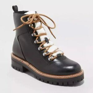 NWOT A New Day Leighton Women's Black Faux Leather & Accent Fur Hiking Boots 7.5